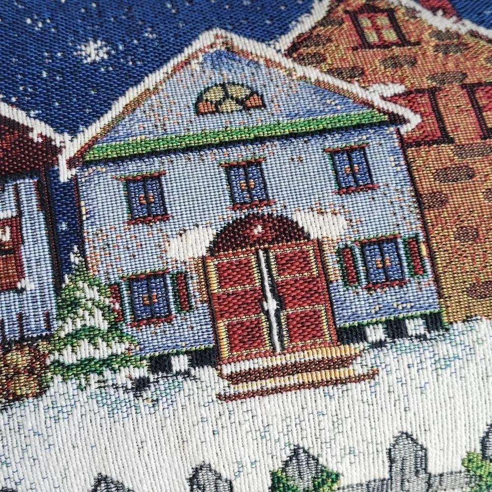 Two Christmas-Themed Tapestry Pillows Snowy Landscape Rectangle Blue Houses VTG